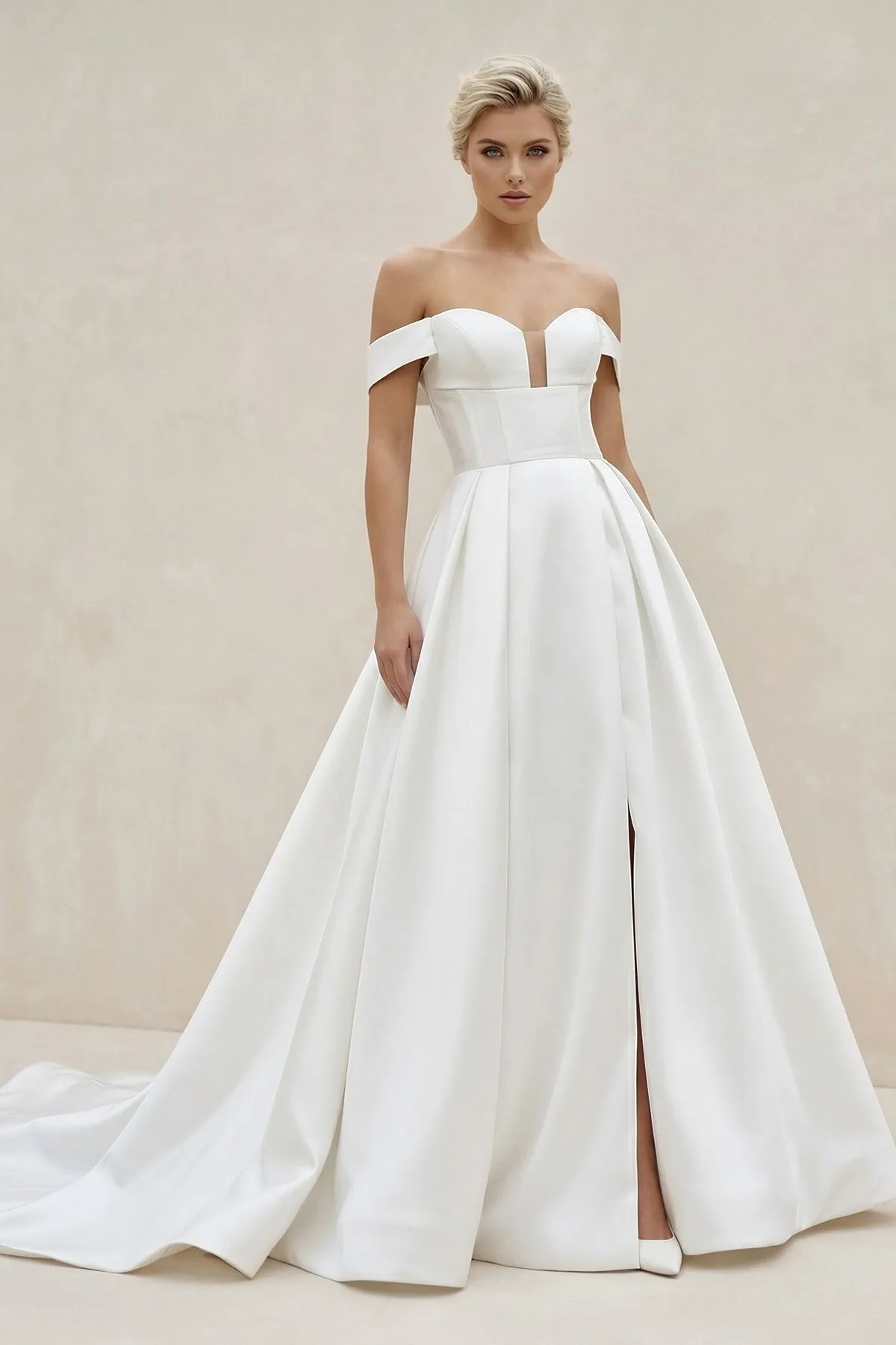 Off-the-Shoulder Satin A-Line Wedding Dress With Slit in White sold by KissProm