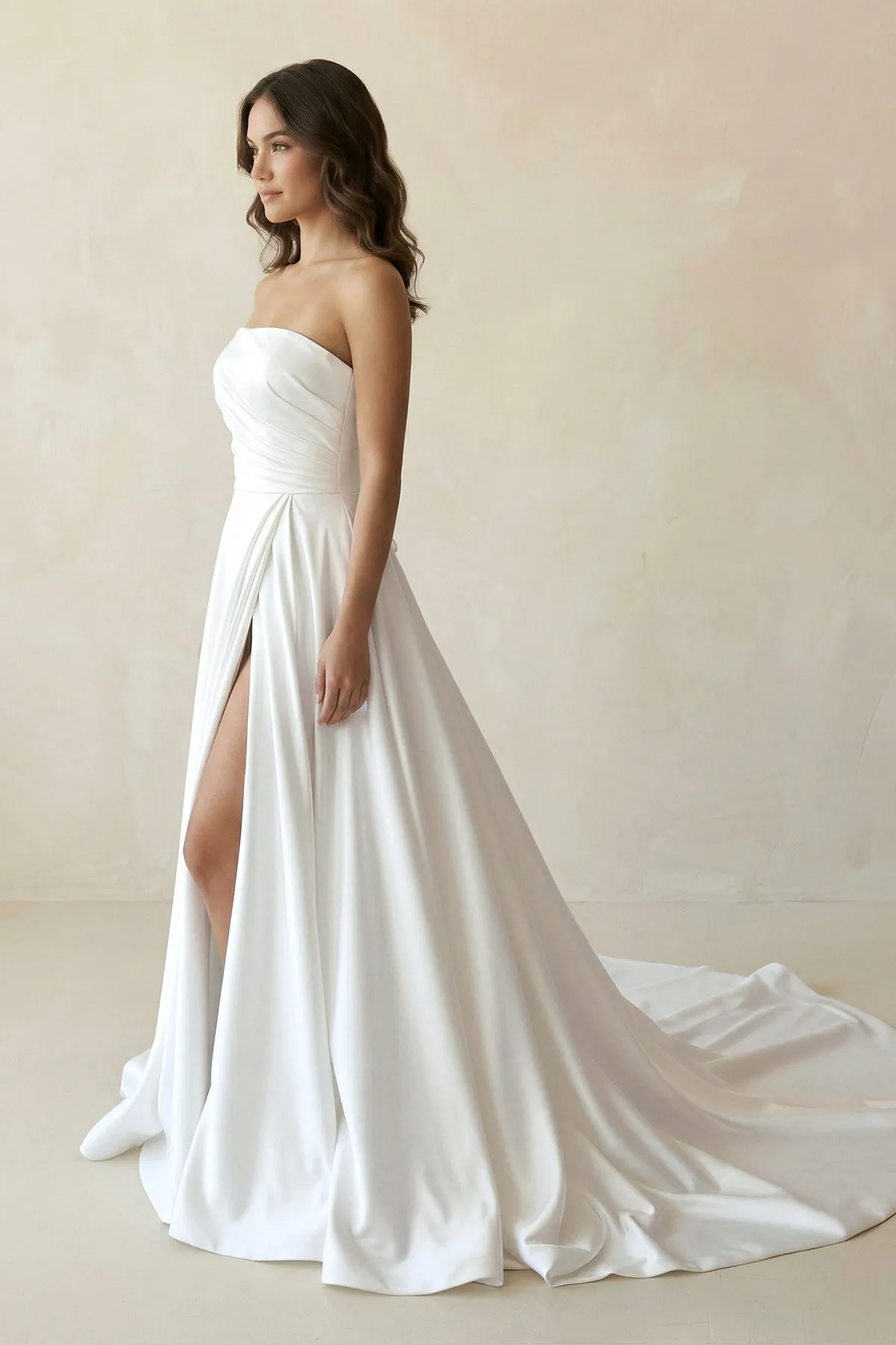 Strapless Satin A-Line Ruched Wedding Dress With Slit in White sold by KissProm product image thumbnail 3