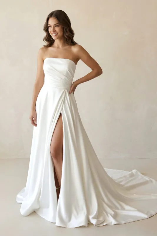 Strapless Satin A-Line Ruched Wedding Dress With Slit in White made by KissProm
