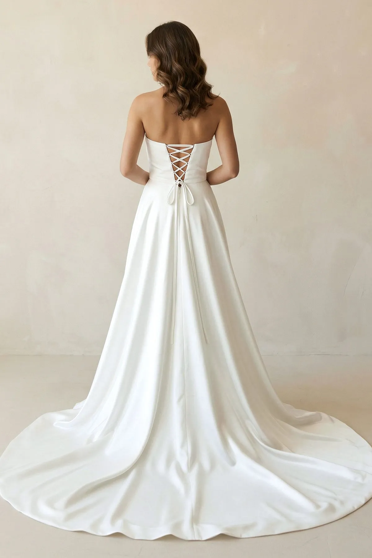 Strapless Satin A-Line Ruched Wedding Dress With Slit in White sold by KissProm product image thumbnail 2