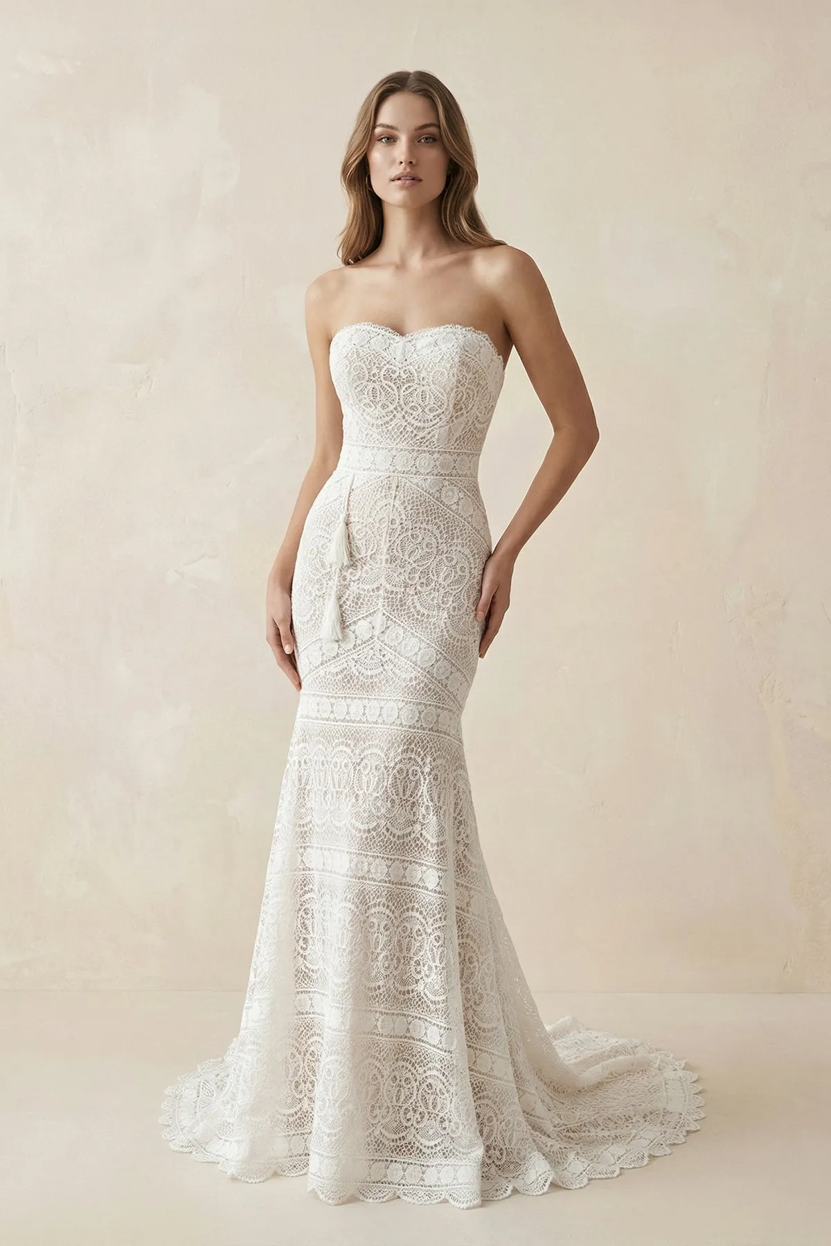 Lace Strapless Mermaid Boho Wedding Dress in Ivory sold by KissProm