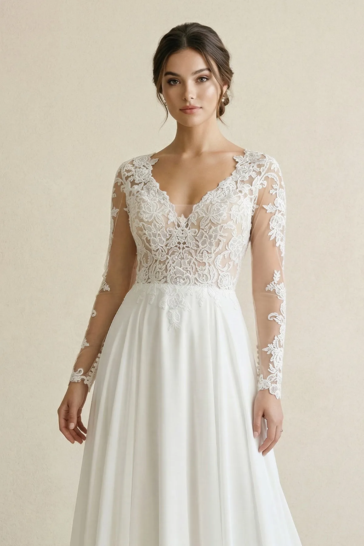 Lace V-Neck Long Sleeve Chiffon A-Line Wedding Dress in White sold by KissProm product image thumbnail 3
