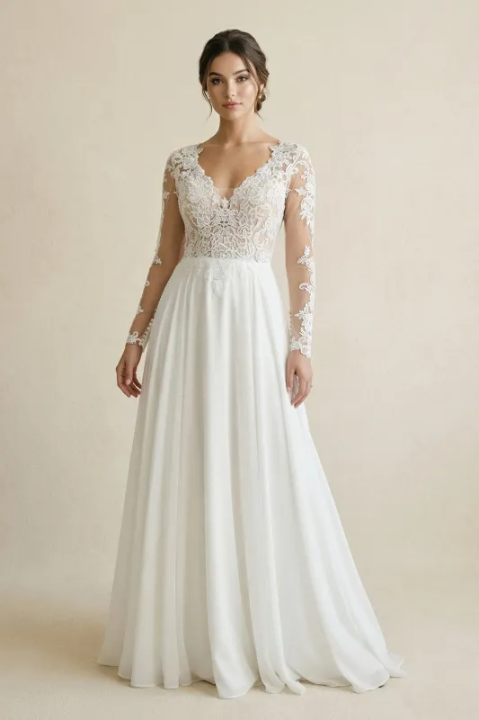 Lace V-Neck Long Sleeve Chiffon A-Line Wedding Dress in White made by KissProm