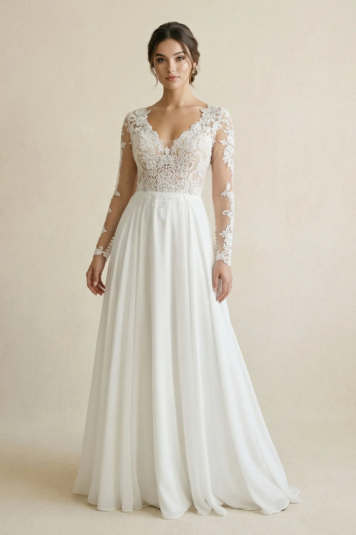 Lace V-Neck Long Sleeve Chiffon A-Line Wedding Dress in White sold by KissProm