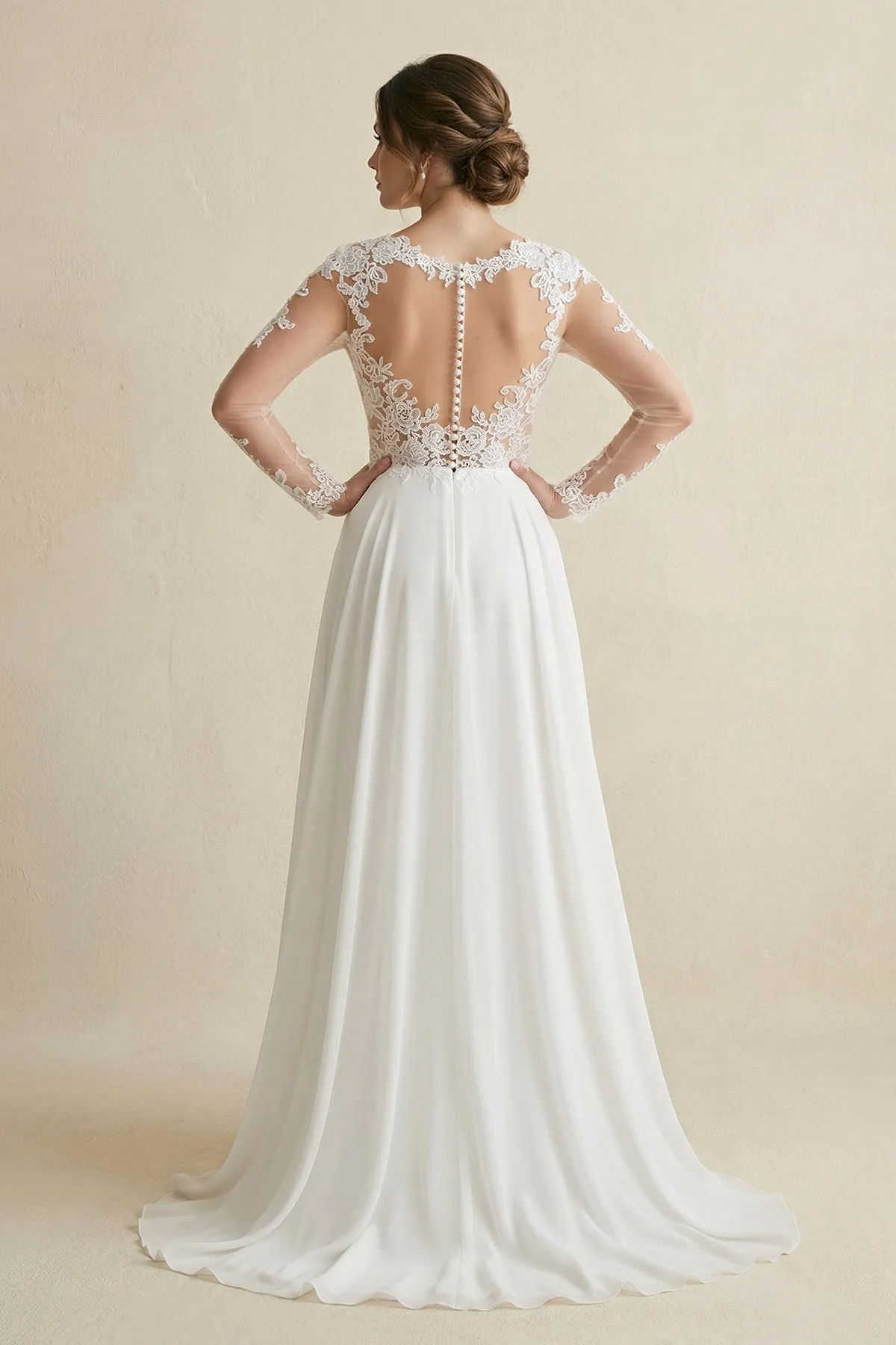 Lace V-Neck Long Sleeve Chiffon A-Line Wedding Dress in White sold by KissProm product image thumbnail 2