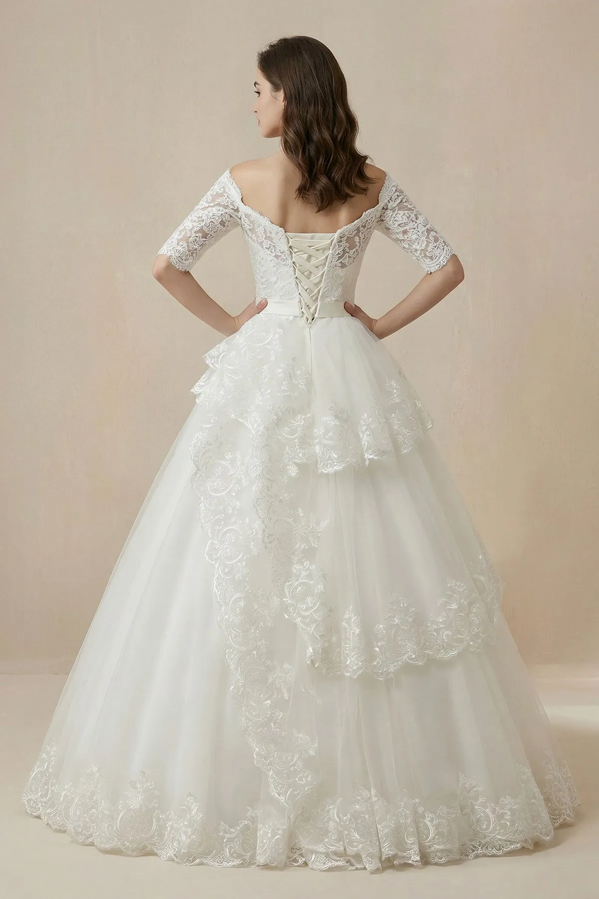 Square Neck Ball-Gown Tulle Corset Wedding Dress in White sold by KissProm product image thumbnail 2