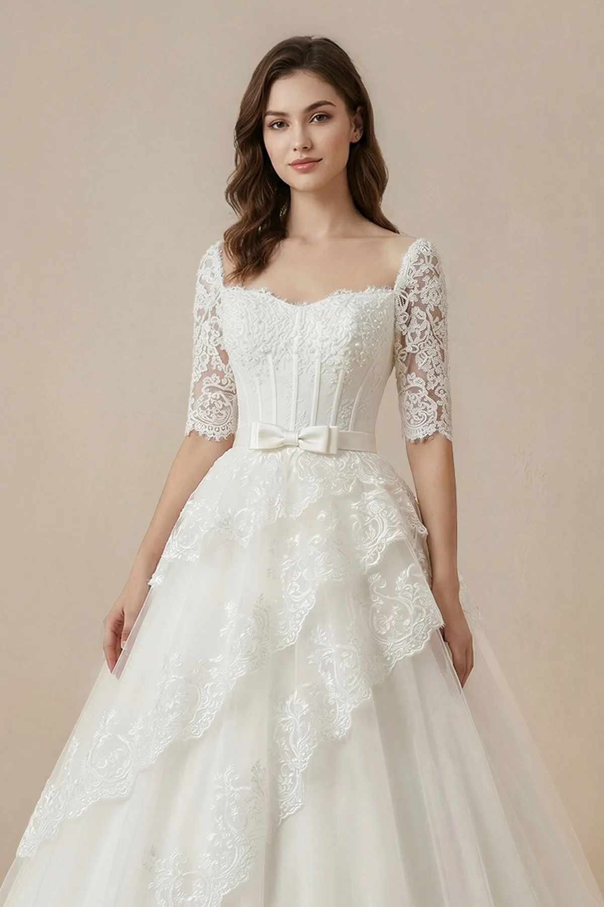 Square Neck Ball-Gown Tulle Corset Wedding Dress in White sold by KissProm product image thumbnail 3