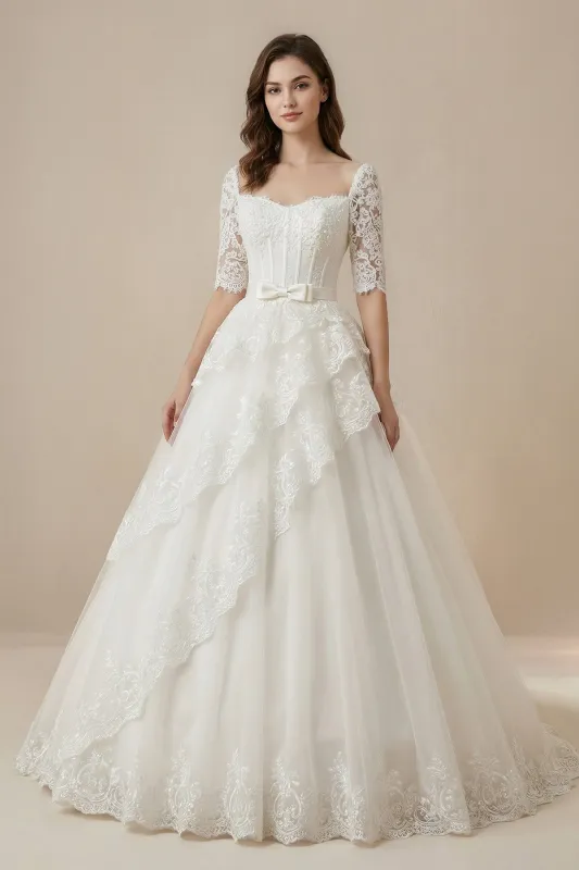 Square Neck Ball-Gown Tulle Corset Wedding Dress in White made by KissProm
