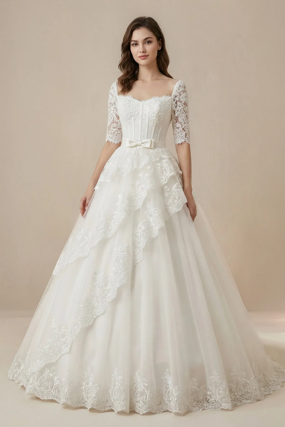 Square Neck Ball-Gown Tulle Corset Wedding Dress in White sold by KissProm