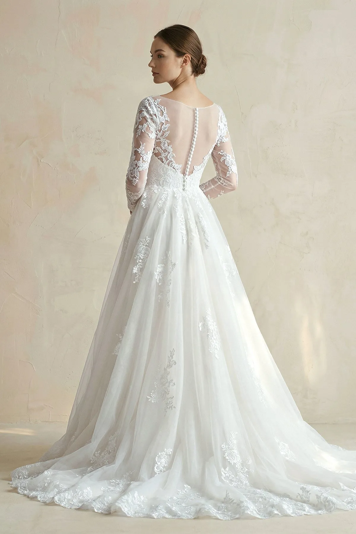 Illusion Neck A-Line Lace Tulle Wedding Dress in White sold by KissProm product image thumbnail 2