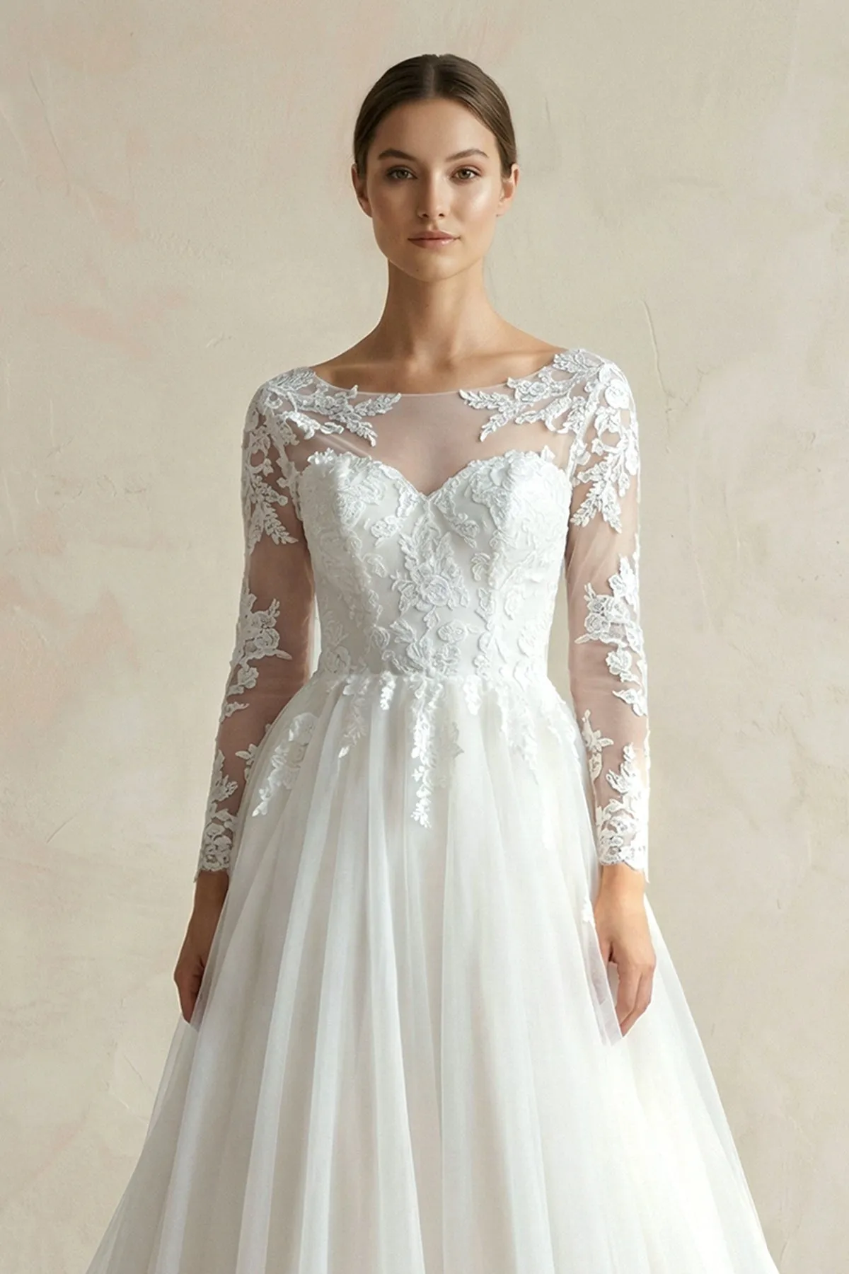 Illusion Neck A-Line Lace Tulle Wedding Dress in White sold by KissProm product image thumbnail 3