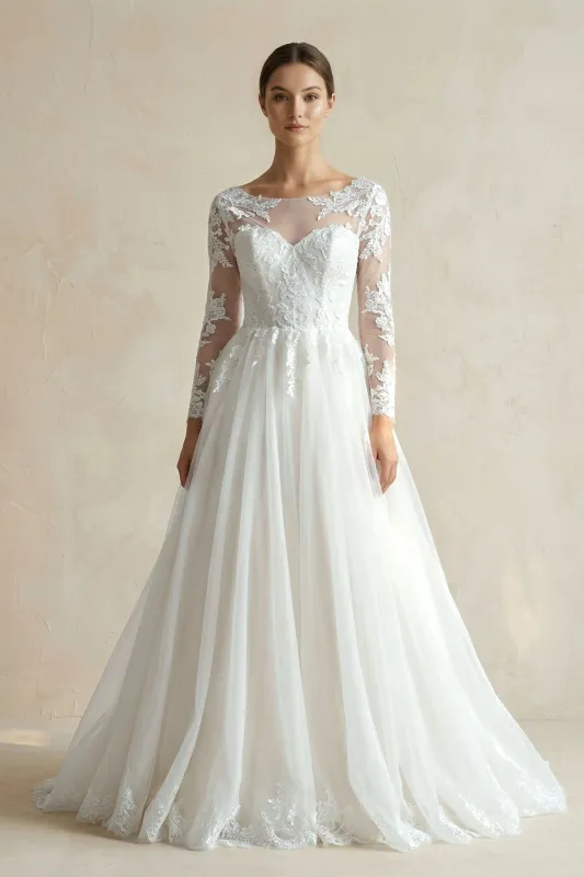 Illusion Neck A-Line Lace Tulle Wedding Dress in White made by KissProm