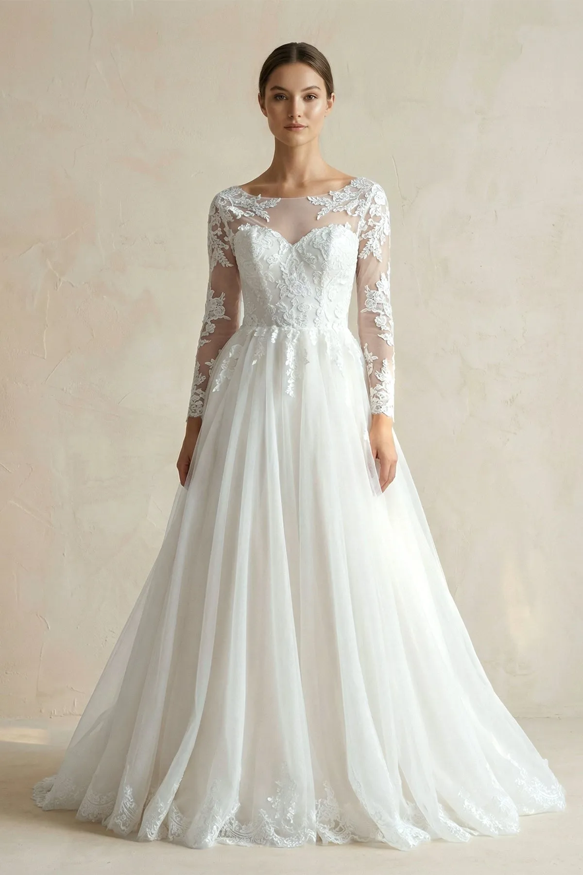 Illusion Neck A-Line Lace Tulle Wedding Dress in White sold by KissProm