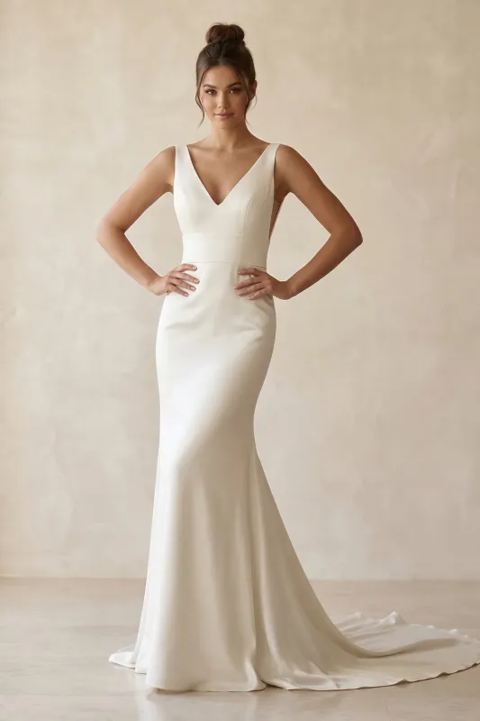 V-Neck Satin Mermaid Maxi Wedding Dress in White made by KissProm