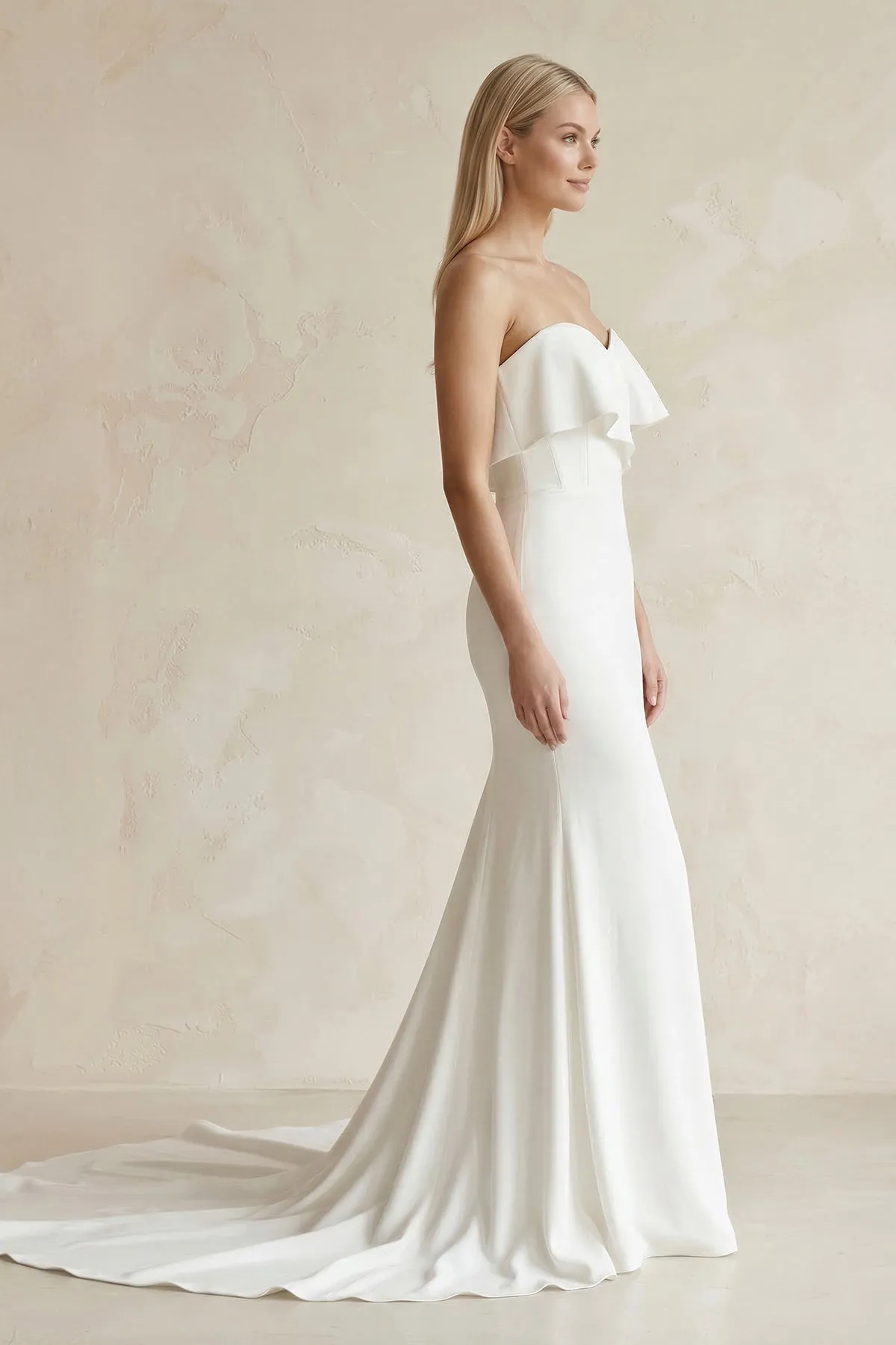 Sweetheart Mermaid Satin Ruffled Wedding Dress in White sold by KissProm product image thumbnail 3