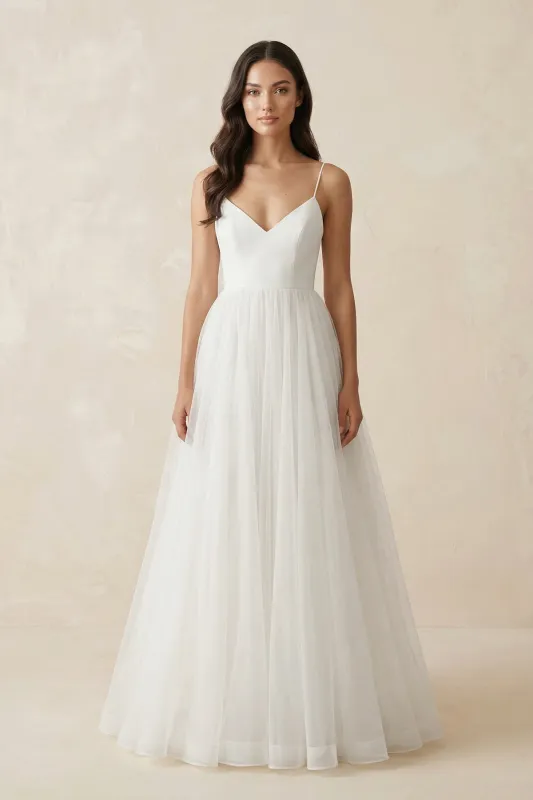 Spaghetti Straps Tulle A-Line Wedding Dress in White made by KissProm