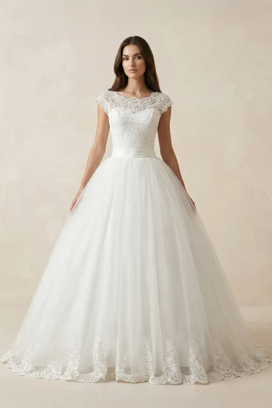 Illusion Neck Cap Sleeve A-Line Tulle Wedding Gown in White made by KissProm