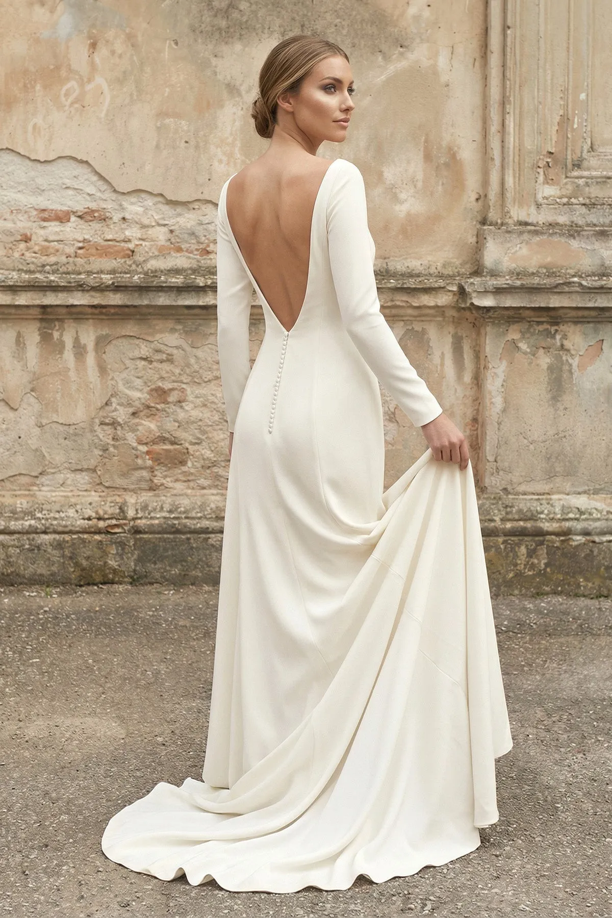 Bateau Long Sleeves Satin Mermaid Wedding Dress in White sold by KissProm product image thumbnail 2