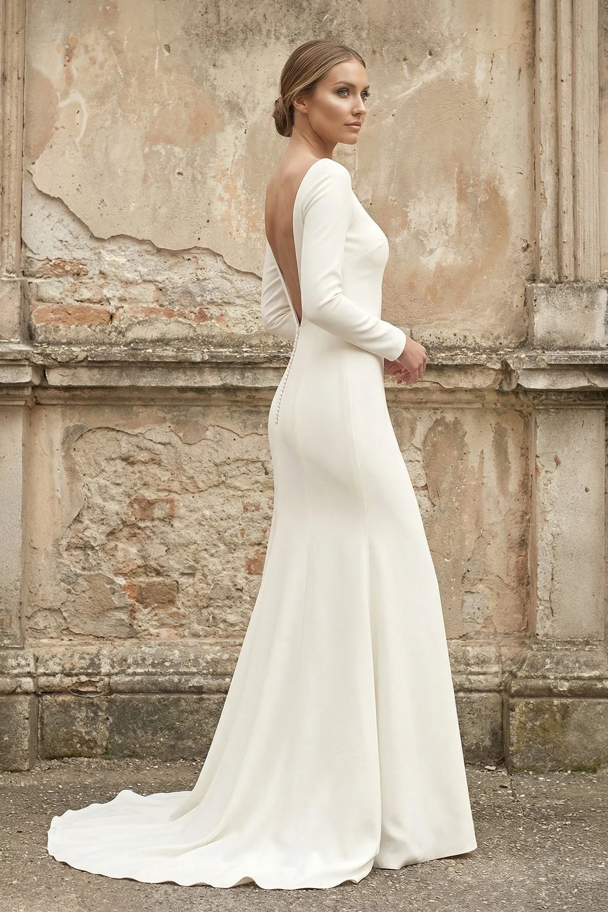 Bateau Long Sleeves Satin Mermaid Wedding Dress in White sold by KissProm product image thumbnail 3