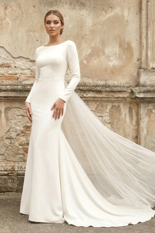 Bateau Long Sleeves Satin Mermaid Wedding Dress in White made by KissProm