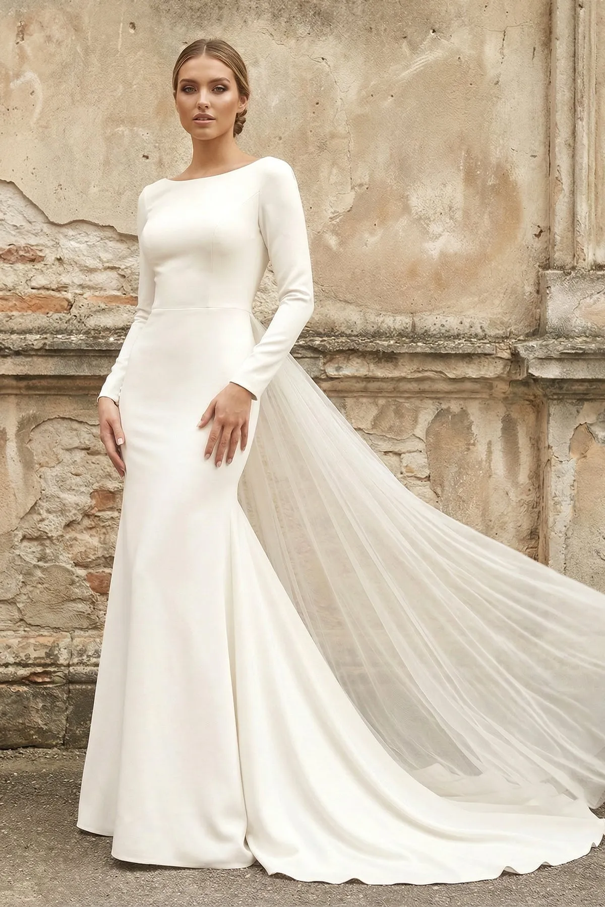 Bateau Long Sleeves Satin Mermaid Wedding Dress in White sold by KissProm
