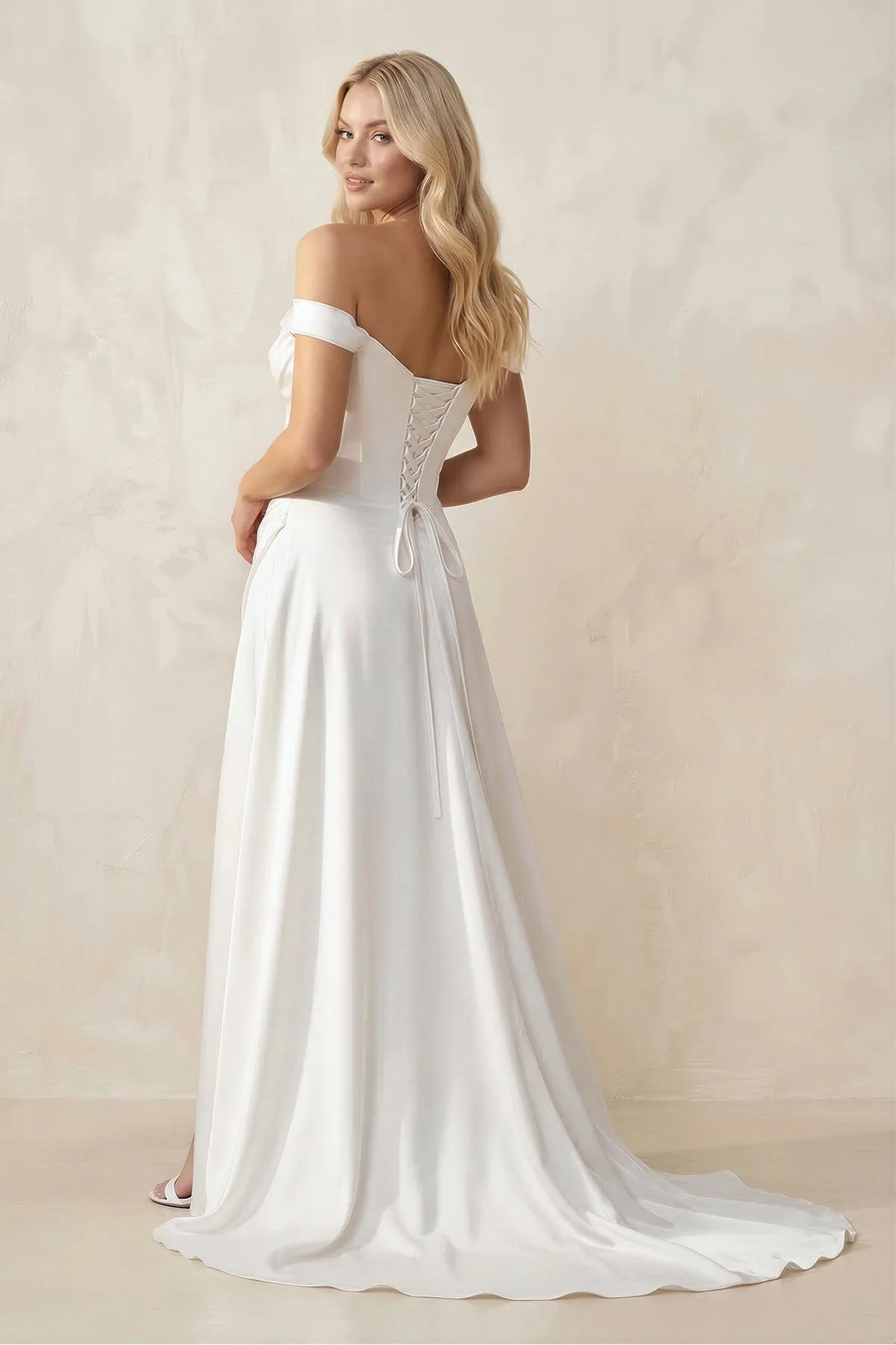 Off-the-Shoulder Satin Bow Ruched Wedding Dress with Slit in White sold by KissProm product image thumbnail 2