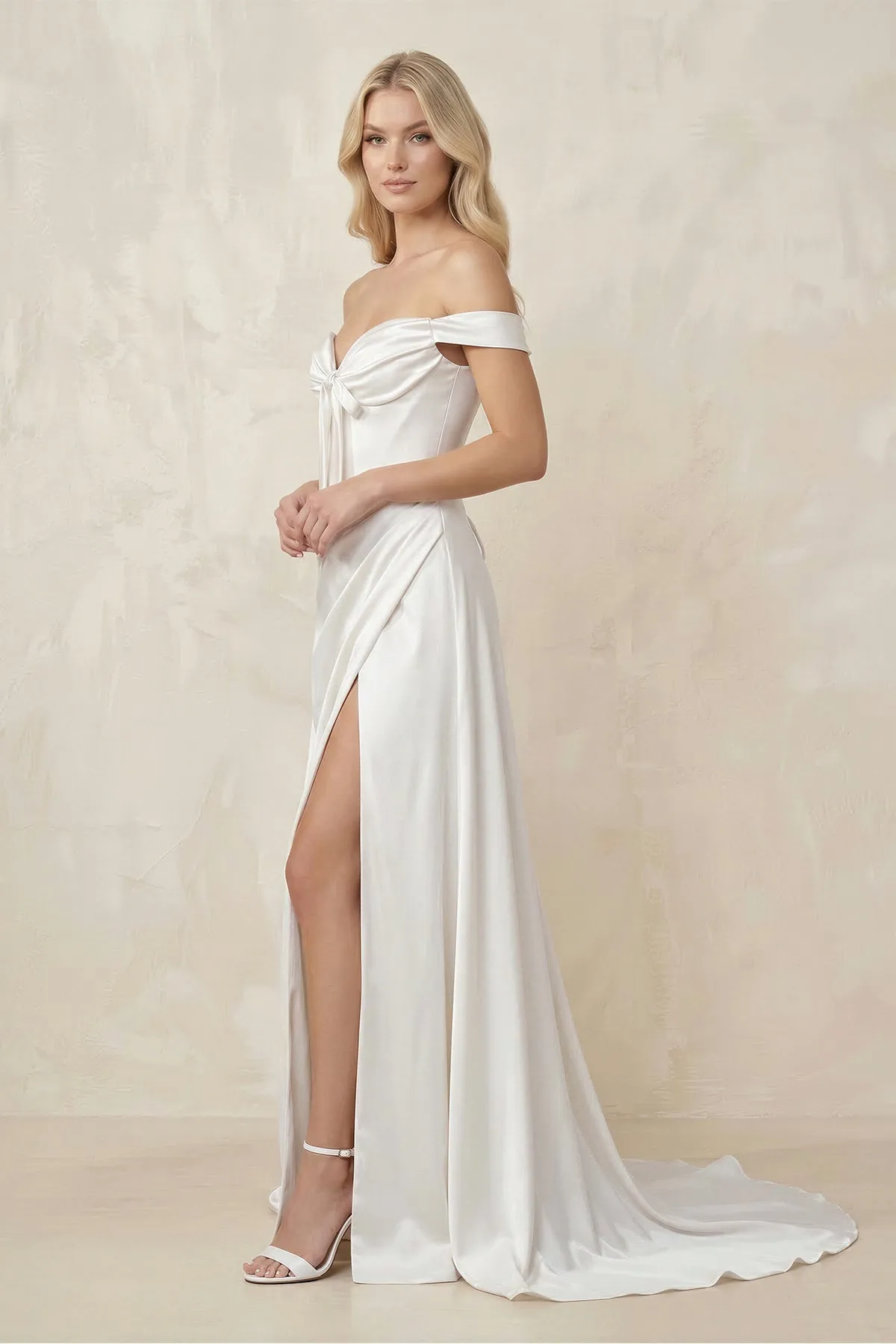 Off-the-Shoulder Satin Bow Ruched Wedding Dress with Slit in White sold by KissProm product image thumbnail 3