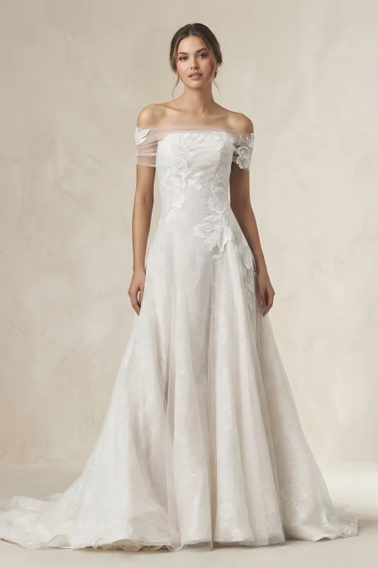 Off-the-Shoulder Appliqued A-Line Wedding Dress in White made by KissProm
