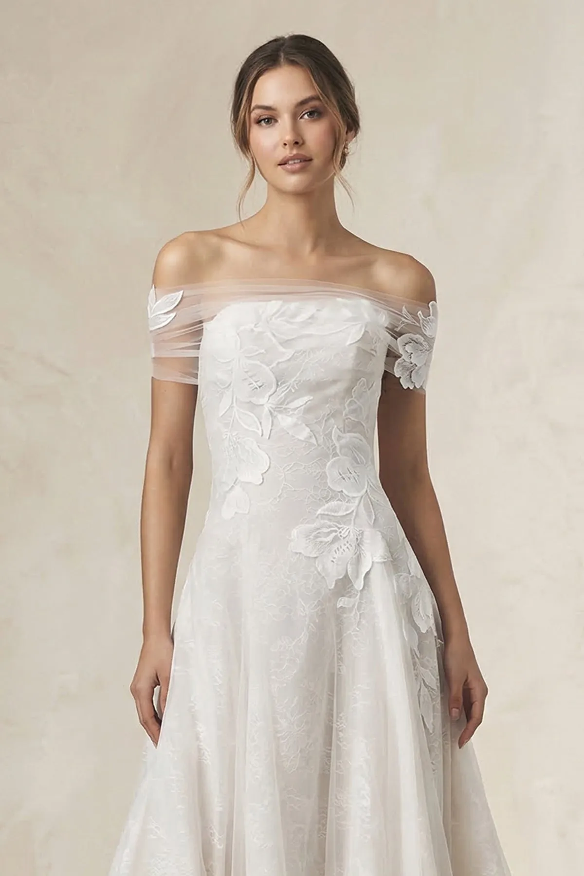 Off-the-Shoulder Appliqued A-Line Wedding Dress in White sold by KissProm product image thumbnail 3