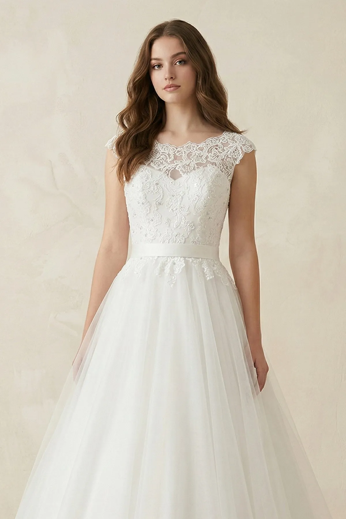 Illusion Neck A-Line Cap Sleeves Tulle Wedding Dress in White sold by KissProm product image thumbnail 3