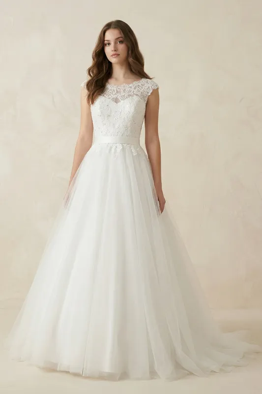 Illusion Neck A-Line Cap Sleeves Tulle Wedding Dress in White made by KissProm