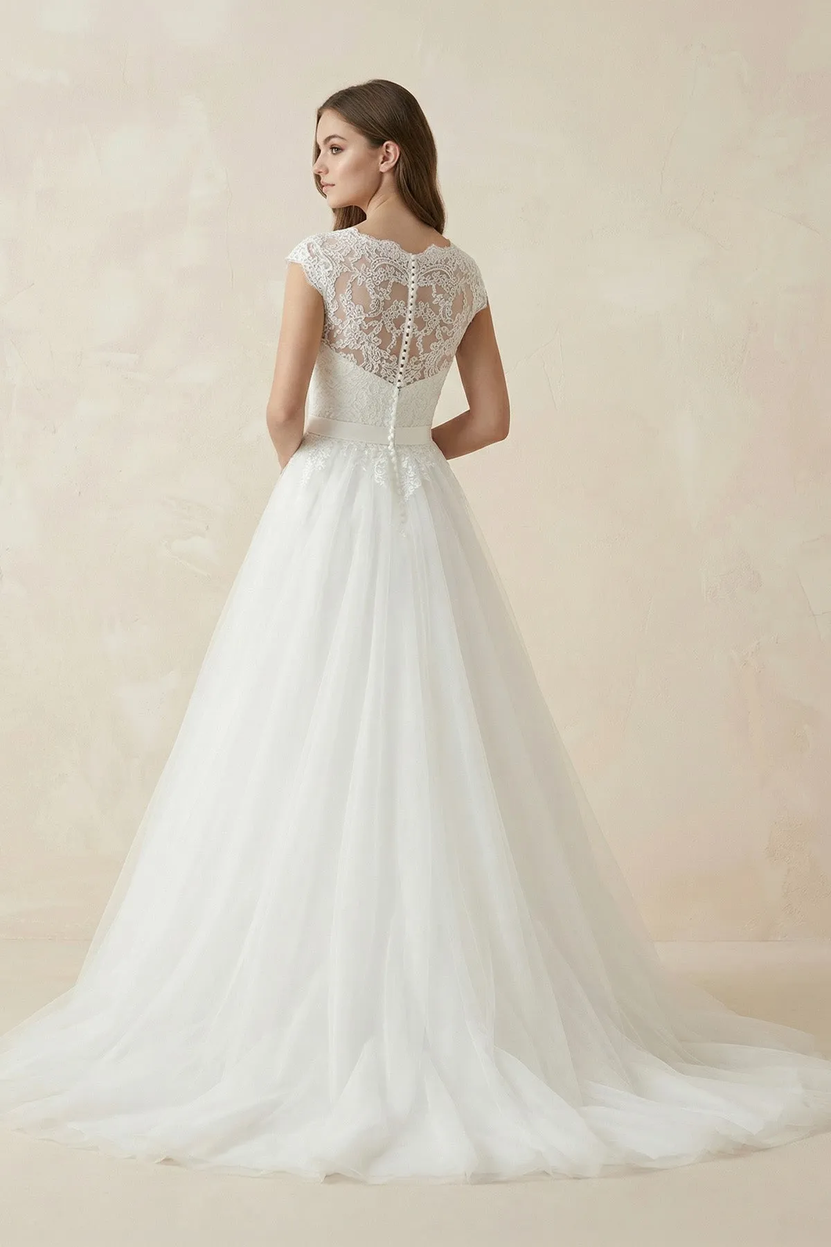 Illusion Neck A-Line Cap Sleeves Tulle Wedding Dress in White sold by KissProm product image thumbnail 2
