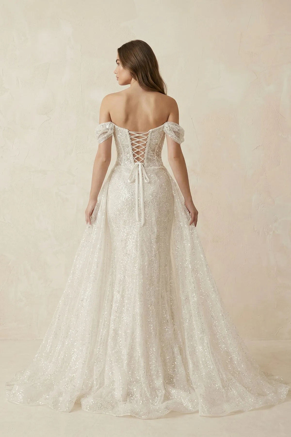 Sparkly Sequined Off-the-Shoulder Mermaid Corset Wedding Dress in Ivory sold by KissProm product image thumbnail 2