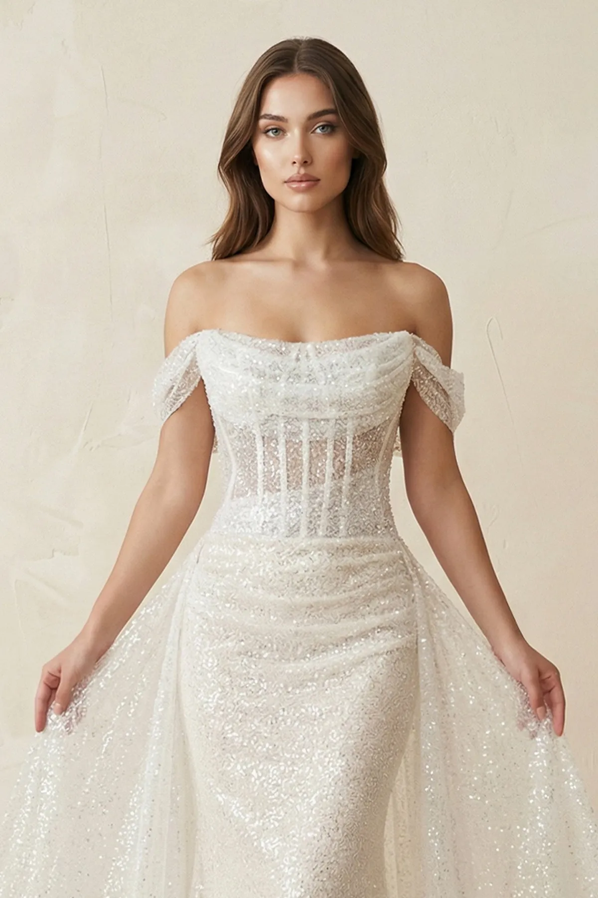 Sparkly Sequined Off-the-Shoulder Mermaid Corset Wedding Dress in Ivory sold by KissProm product image thumbnail 3
