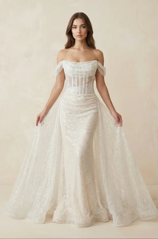 Sparkly Sequined Off-the-Shoulder Mermaid Corset Wedding Dress in Ivory made by KissProm