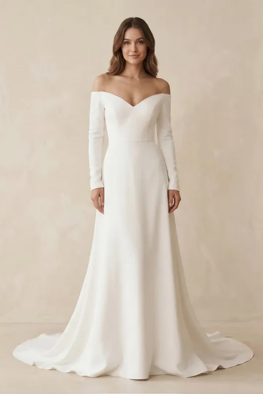 Off-the-Shoulder A-Line Satin Wedding Dress in White made by KissProm