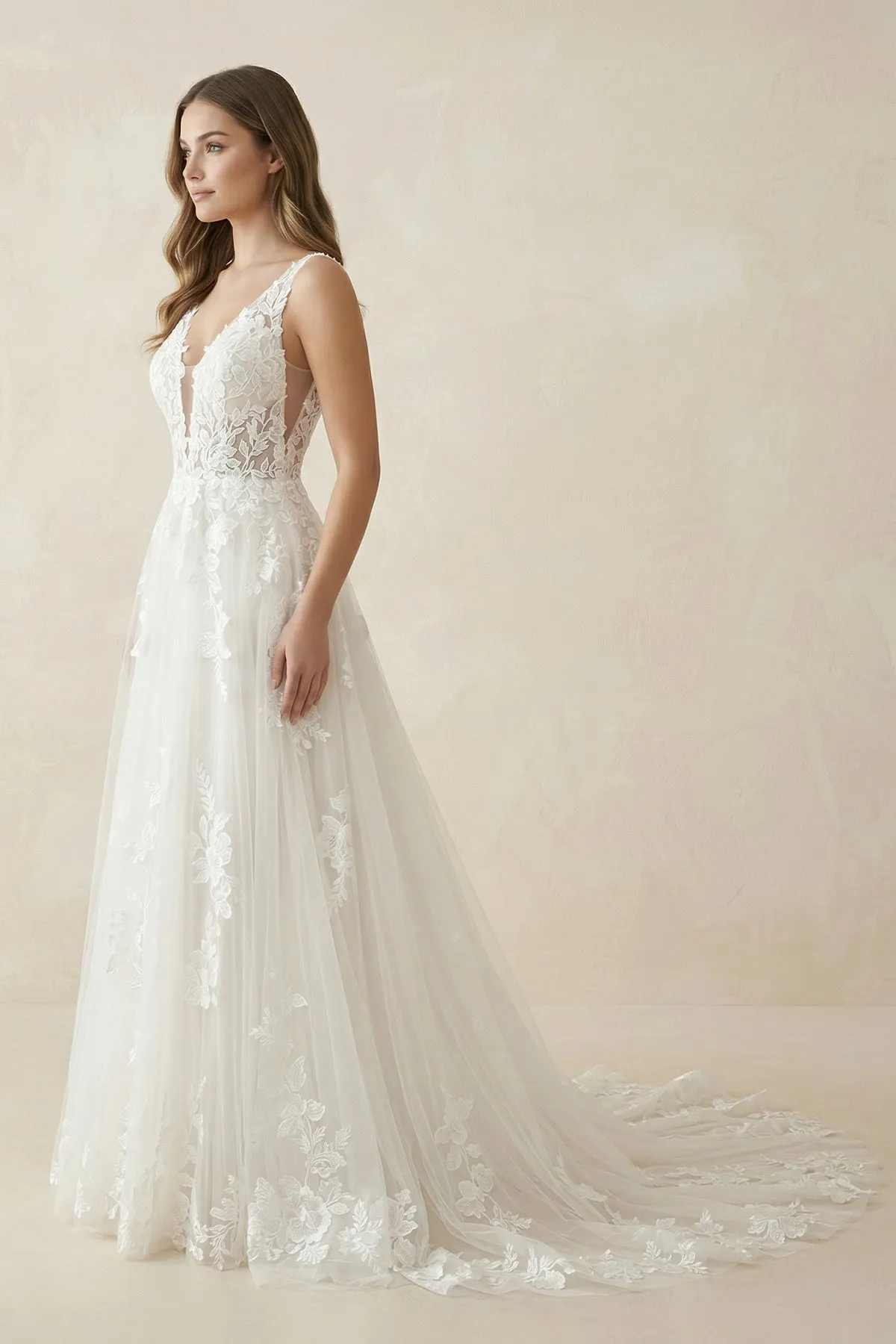 Appliqued V-Neck A-Line Tulle Maxi Wedding Dress in White sold by KissProm product image thumbnail 3
