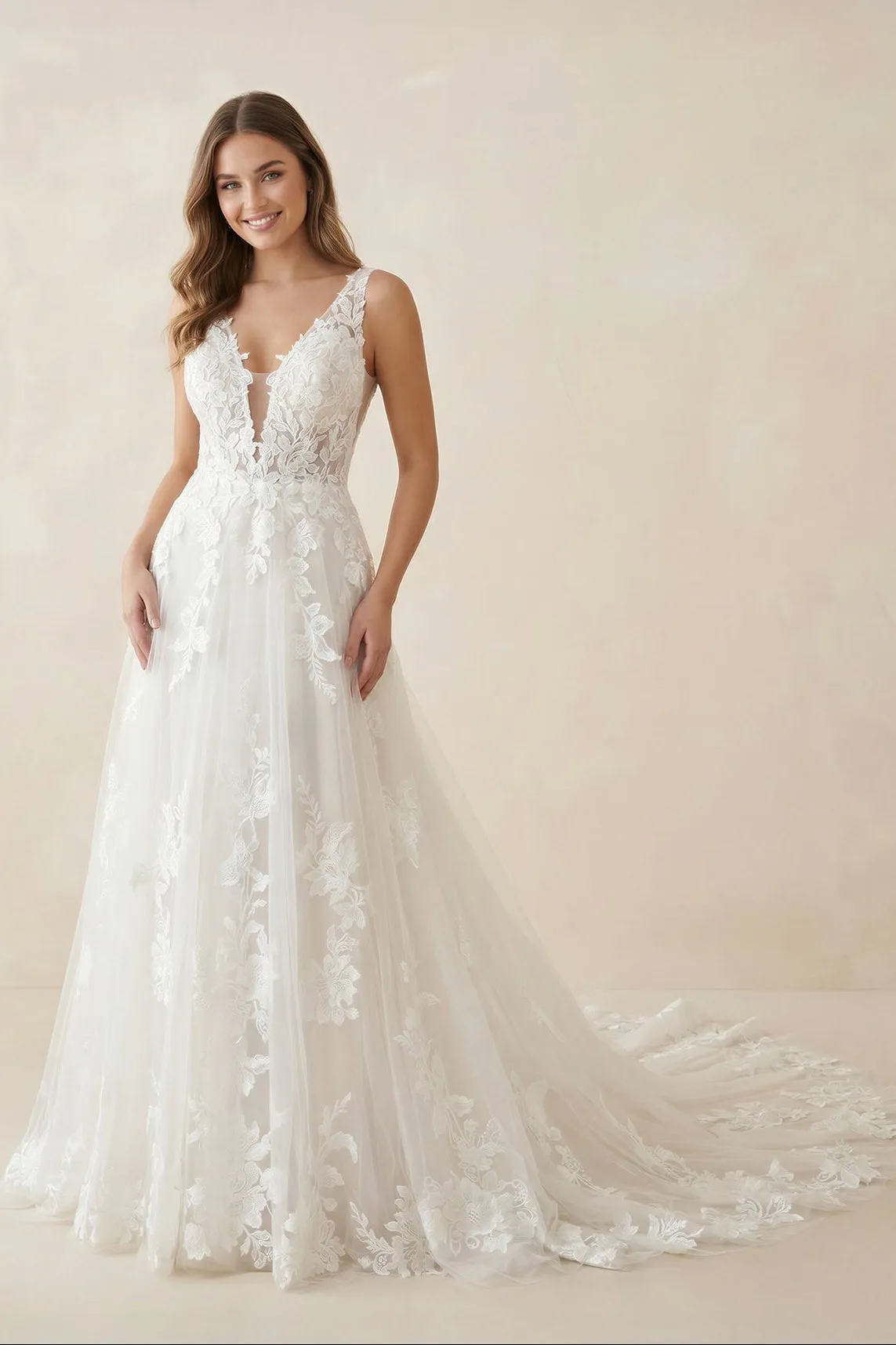 Appliqued V-Neck A-Line Tulle Maxi Wedding Dress in White sold by KissProm