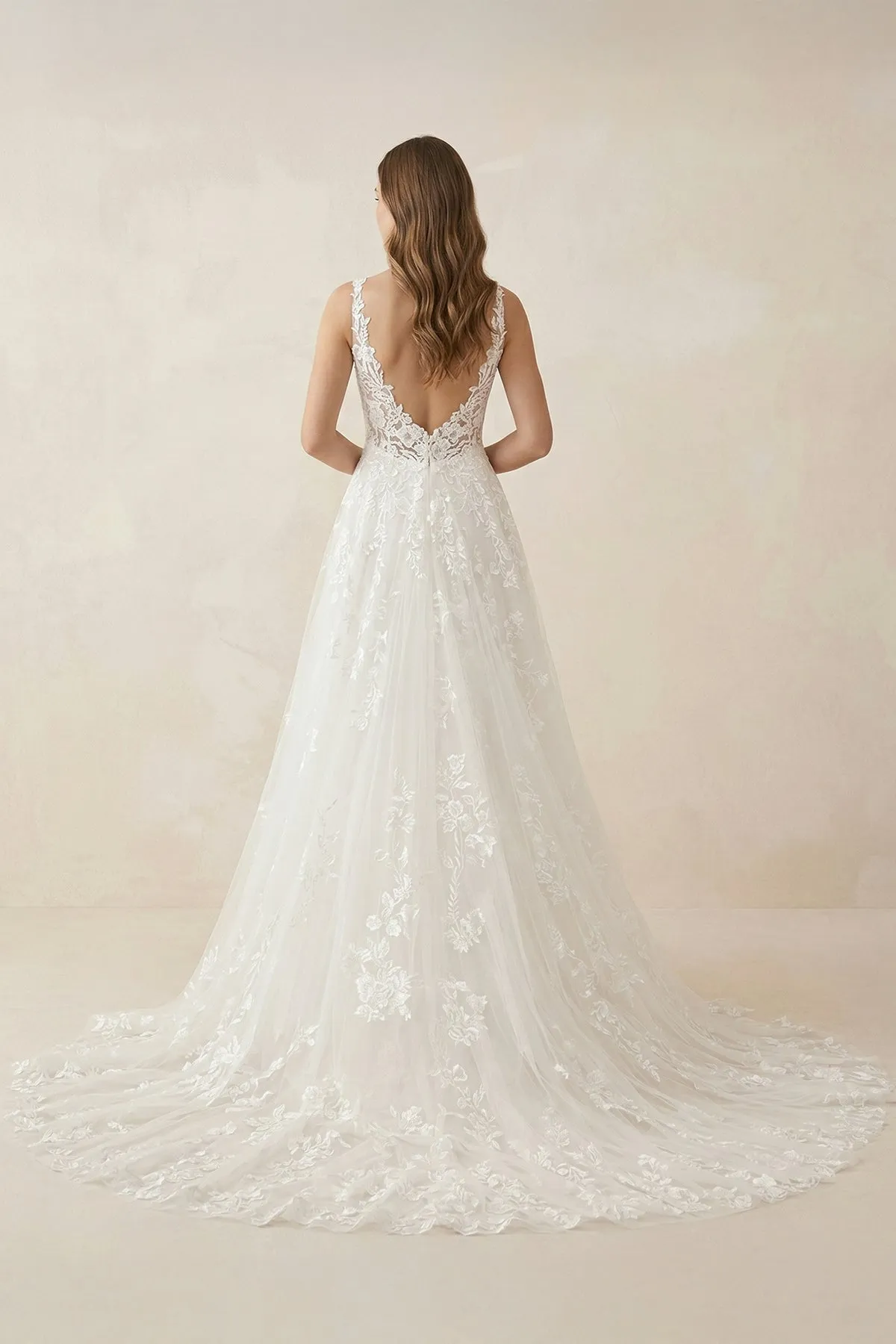 Appliqued V-Neck A-Line Tulle Maxi Wedding Dress in White sold by KissProm product image thumbnail 2