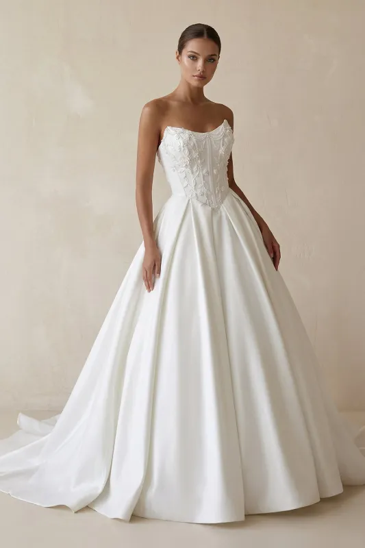 3D Floral Strapless Corset Satin Wedding Gown in White made by KissProm