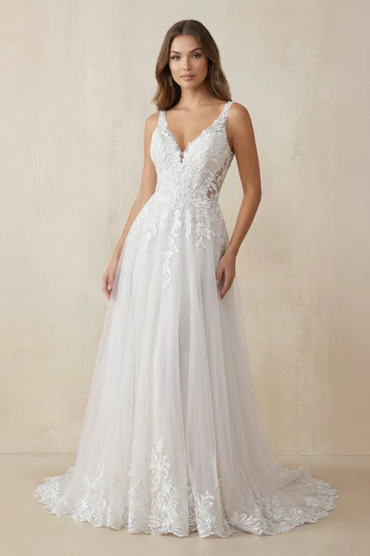 V-Neck A-Line Lace Tulle Wedding Dress in Ivory made by KissProm