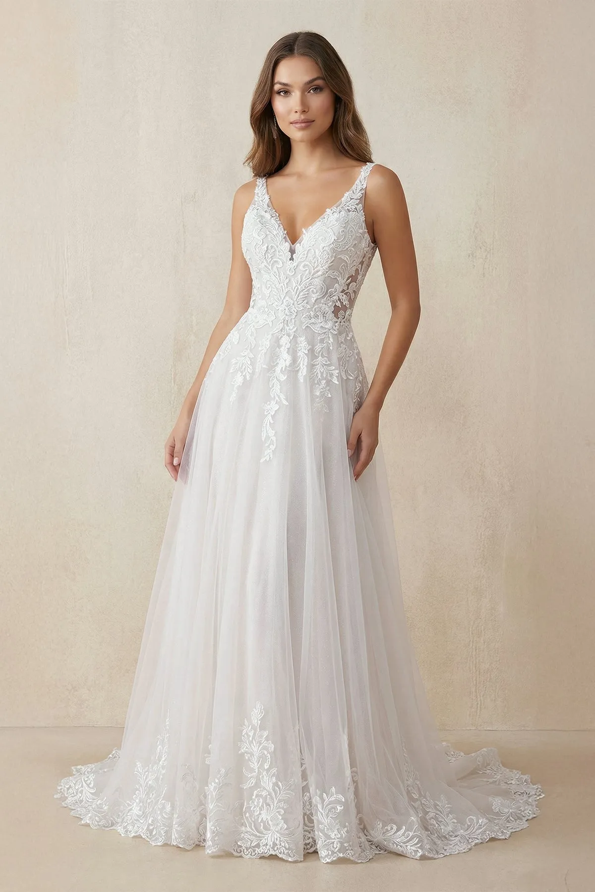 V-Neck A-Line Lace Tulle Wedding Dress in Ivory sold by KissProm