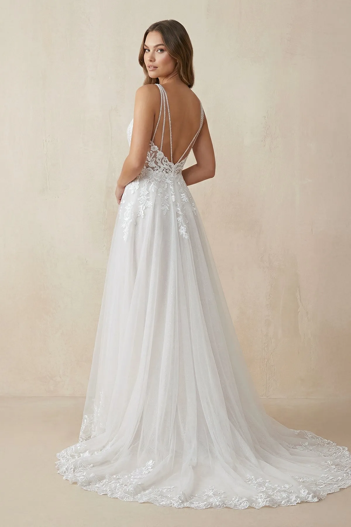 V-Neck A-Line Lace Tulle Wedding Dress in Ivory sold by KissProm product image thumbnail 2
