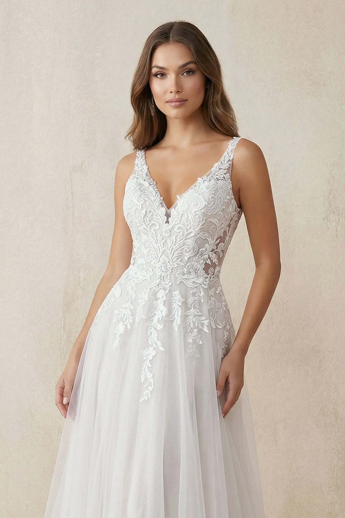 V-Neck A-Line Lace Tulle Wedding Dress in Ivory sold by KissProm product image thumbnail 3