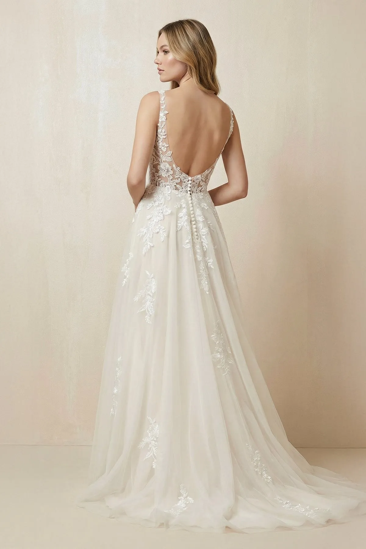 A-Line V-Neck Tulle Appliqued Wedding Dress in Ivory sold by KissProm product image thumbnail 2