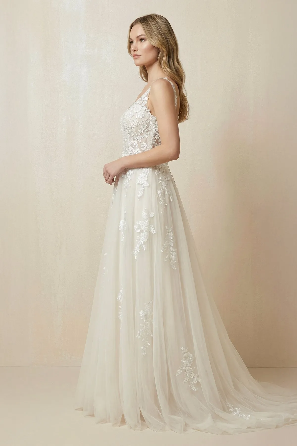 A-Line V-Neck Tulle Appliqued Wedding Dress in Ivory sold by KissProm product image thumbnail 3