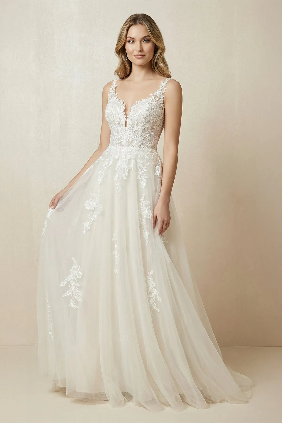 A-Line V-Neck Tulle Appliqued Wedding Dress in Ivory sold by KissProm