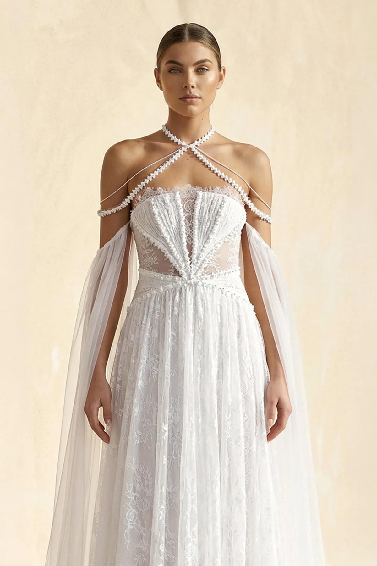 Lace Tulle A-Line Off-the-Shoulder Wedding Dress in Ivory sold by KissProm product image thumbnail 3