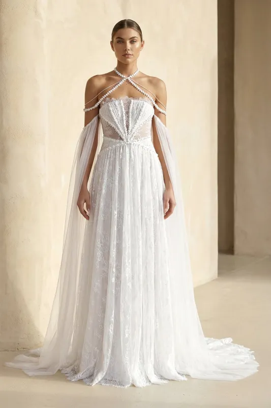 Lace Tulle A-Line Off-the-Shoulder Wedding Dress in Ivory made by KissProm