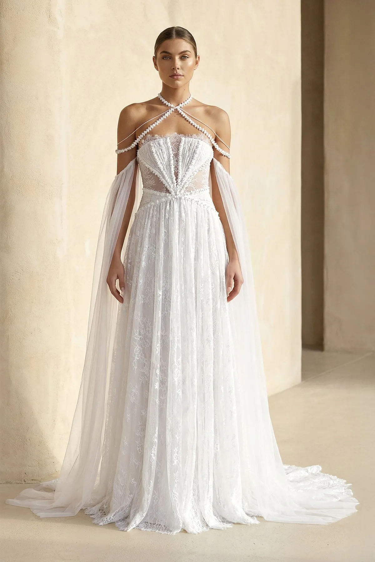 Lace Tulle A-Line Off-the-Shoulder Wedding Dress in Ivory sold by KissProm
